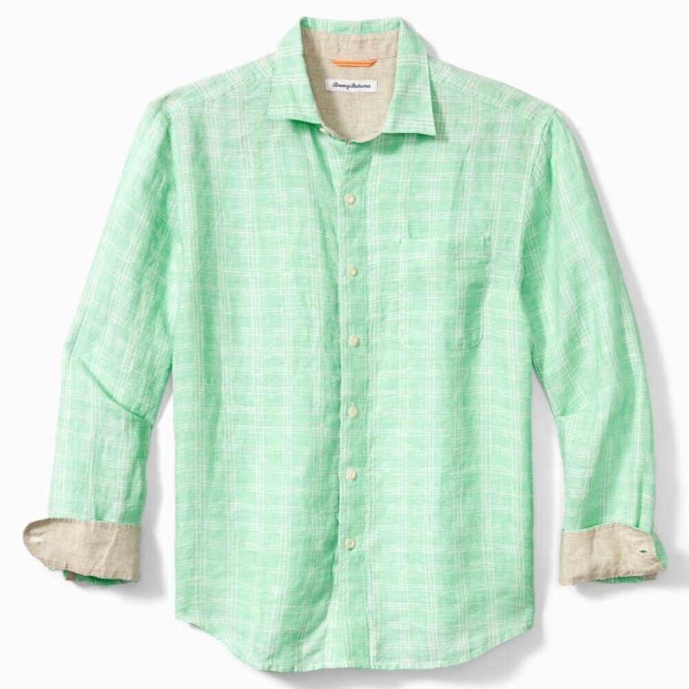 NWT Tommy Bahama Ventana Plaid Linen Shirt Turquoise Cabbage